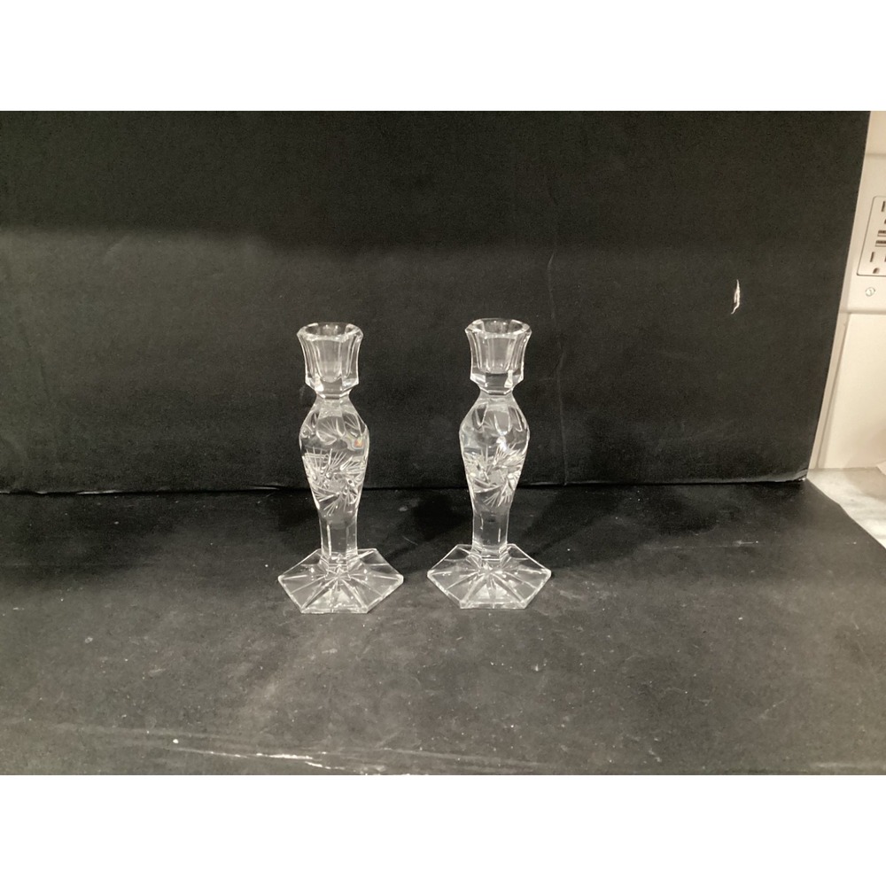Pair American Cut Crystal Candlesticks with Pinwheel & HobStar Cut Pattern